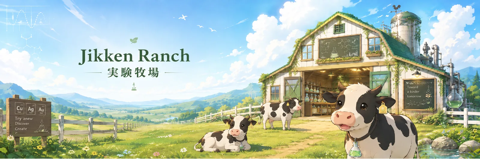 Jikken Ranch(実験牧場)― のどかな牧場に実験器具や元素記号が並ぶイラスト